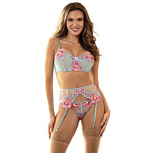 Subblime Flower Embroidered Bra And Garter Belt Set (Blue/Pink), krajková souprava s podvazky S/M