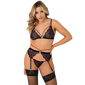 Daring Intimates 3PC Lace Bra, Panty & Garter Set (Purple), krajková 3dílná souprava S/M