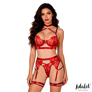 ADALET LINGERIE Hyacinth Bra Garter Set and Thong (Red), erotický set prádla