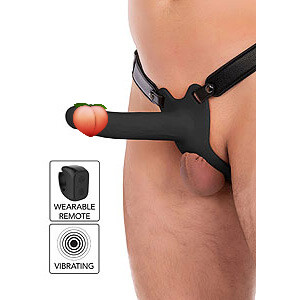 Hidden Desire Hollow Penis Strapon Vibrating Black (18cm), dutý vibrační připínák