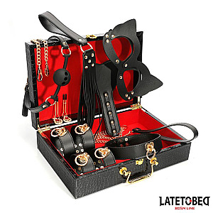 LATETOBED BDSM LINE 8 Piece Leather Bondage Kit with Storage Case, kožená bdsm sada