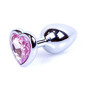 Boss Series Jewellery Silver Heart Plug Rose - stříbrný anální kolík s drahokamem ve tvaru srdce 7 x 2,7 cm
