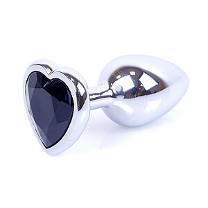 Boss Series Jewellery Silver Heart Plug Black - stříbrný anální kolík s drahokamem ve tvaru srdce 7 x 2,7 cm