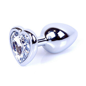 Boss Series Jewellery Silver Heart Plug Clear - stříbrný anální kolík s drahokamem ve tvaru srdce 7 x 2,7 cm