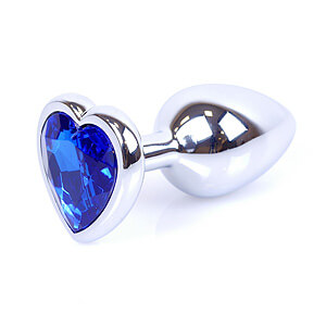 Boss Series Jewellery Silver Heart Plug Dark Blue - stříbrný anální kolík s drahokamem ve tvaru srdce 7 x 2,7 cm