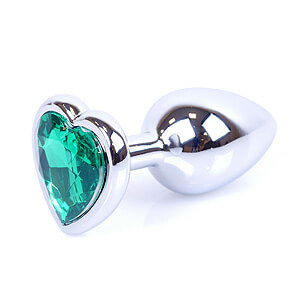 Boss Series Jewellery Silver Heart Plug Green - stříbrný anální kolík s drahokamem ve tvaru srdce 7 x 2,7 cm
